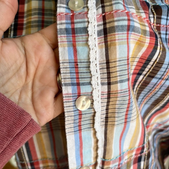 Alfred Dunner Colorful Plaid Button-Up Embroidered Trim Detail Floral Collar - Picture 4 of 8